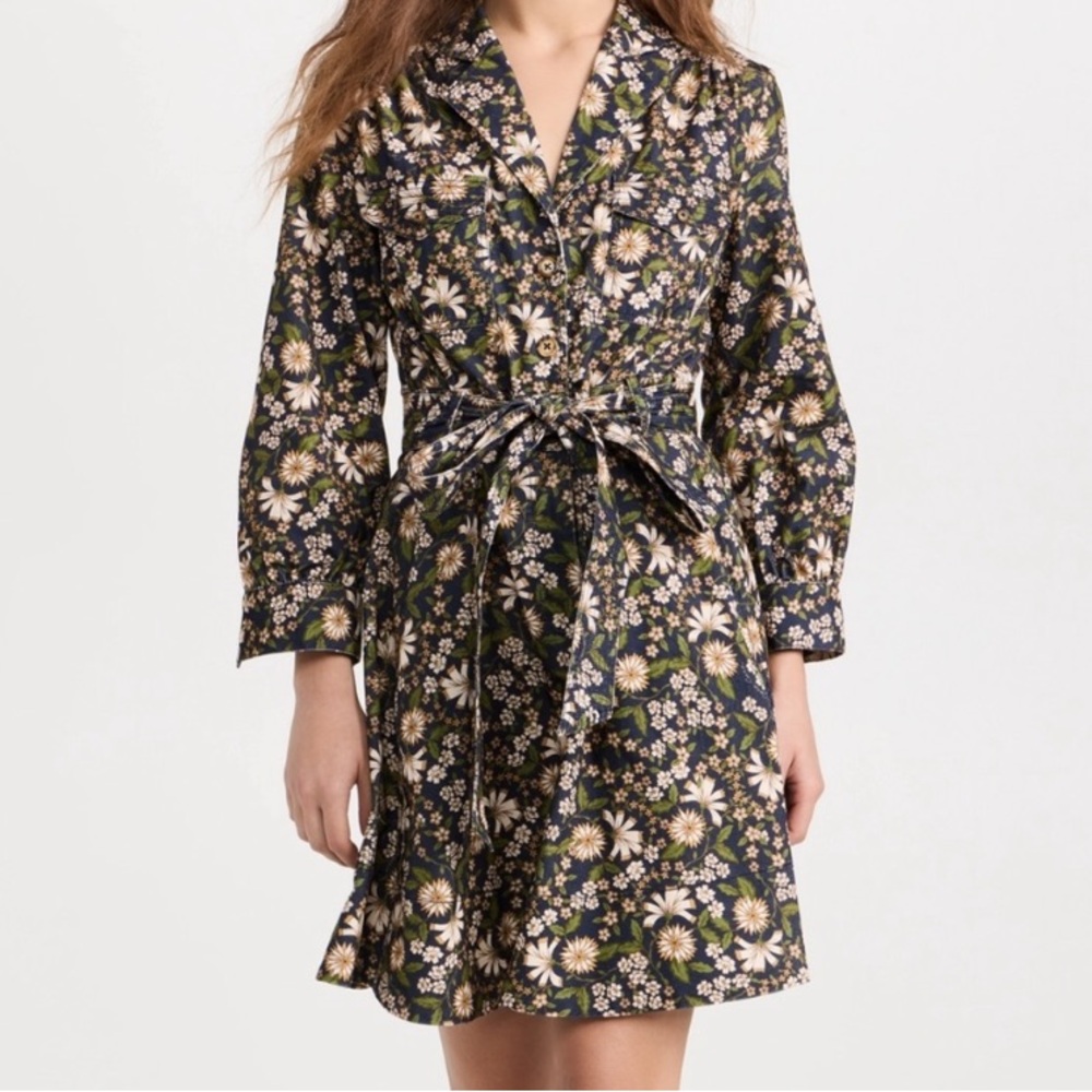 Cara Cara Leona shirt dress tie waist corduroy blue floral size small 100%cotton